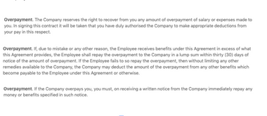 contract clauses on overpayment of wages