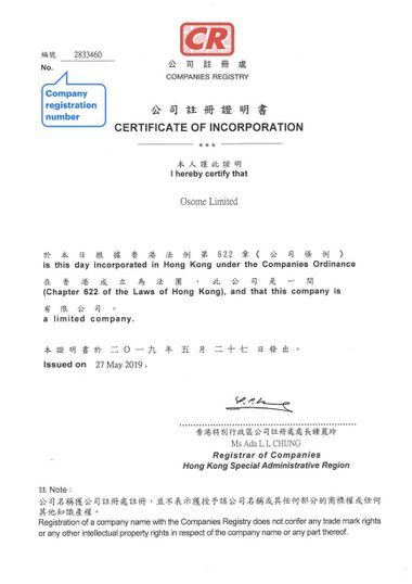 A Certificate of Incorporation in Hong Kong