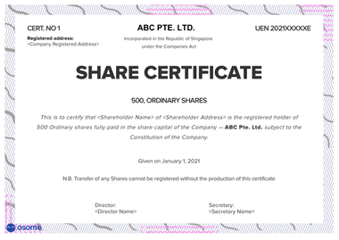 ABC Pte Ltd Sample Share Certificate